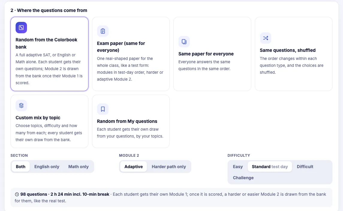 Setting up a class mock: choices for where the questions come from, including random from the Colorbook bank, an exam paper the same for everyone, the same paper, shuffled questions, a custom mix by topic and random from My questions; then section, Module 2 and difficulty options.