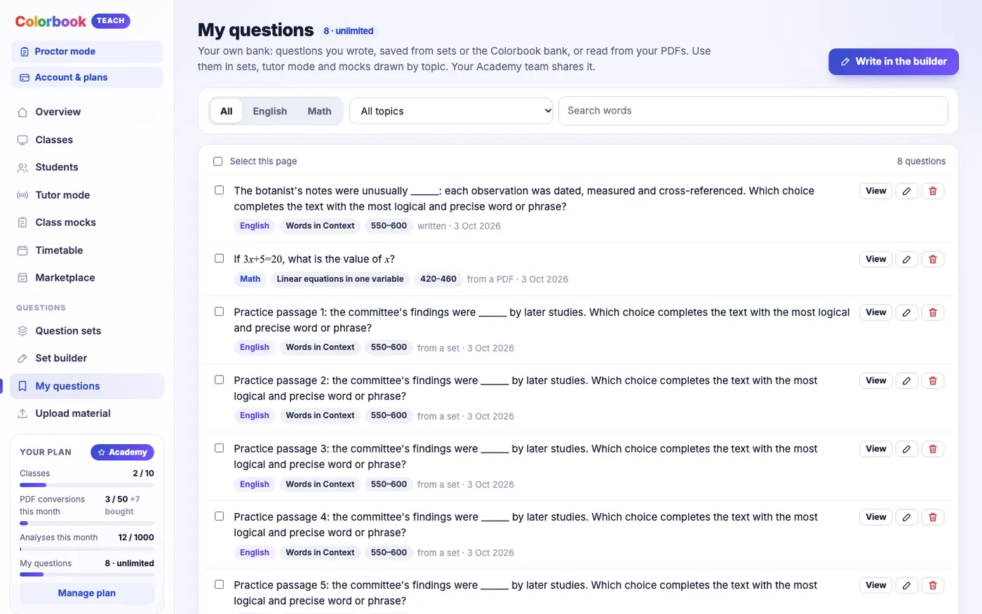 The My questions page: a list of saved questions, each labelled English or Math, with its topic, score band and where it came from, such as written, from a PDF or from a set.