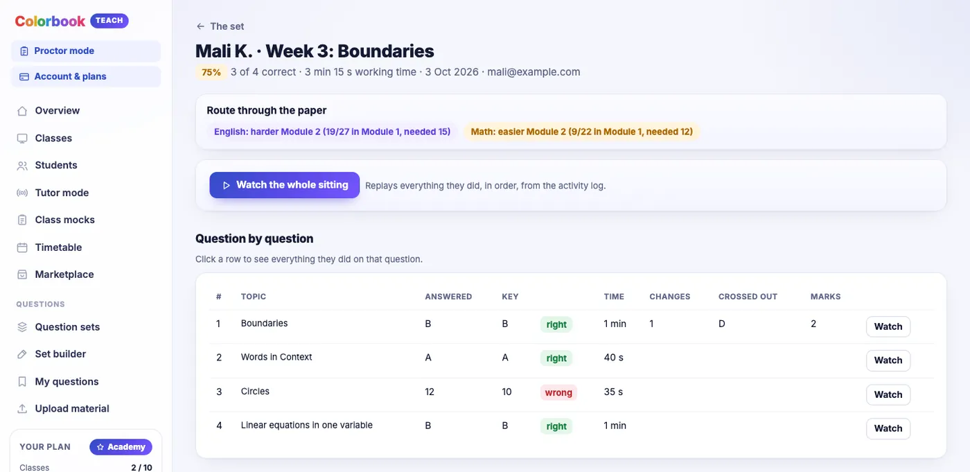A student's result page: the route through the paper in English and Math, a button to watch the whole sitting, and a question-by-question table with answer, key, time, answer changes, crossed-out choices and a Watch button for each question.