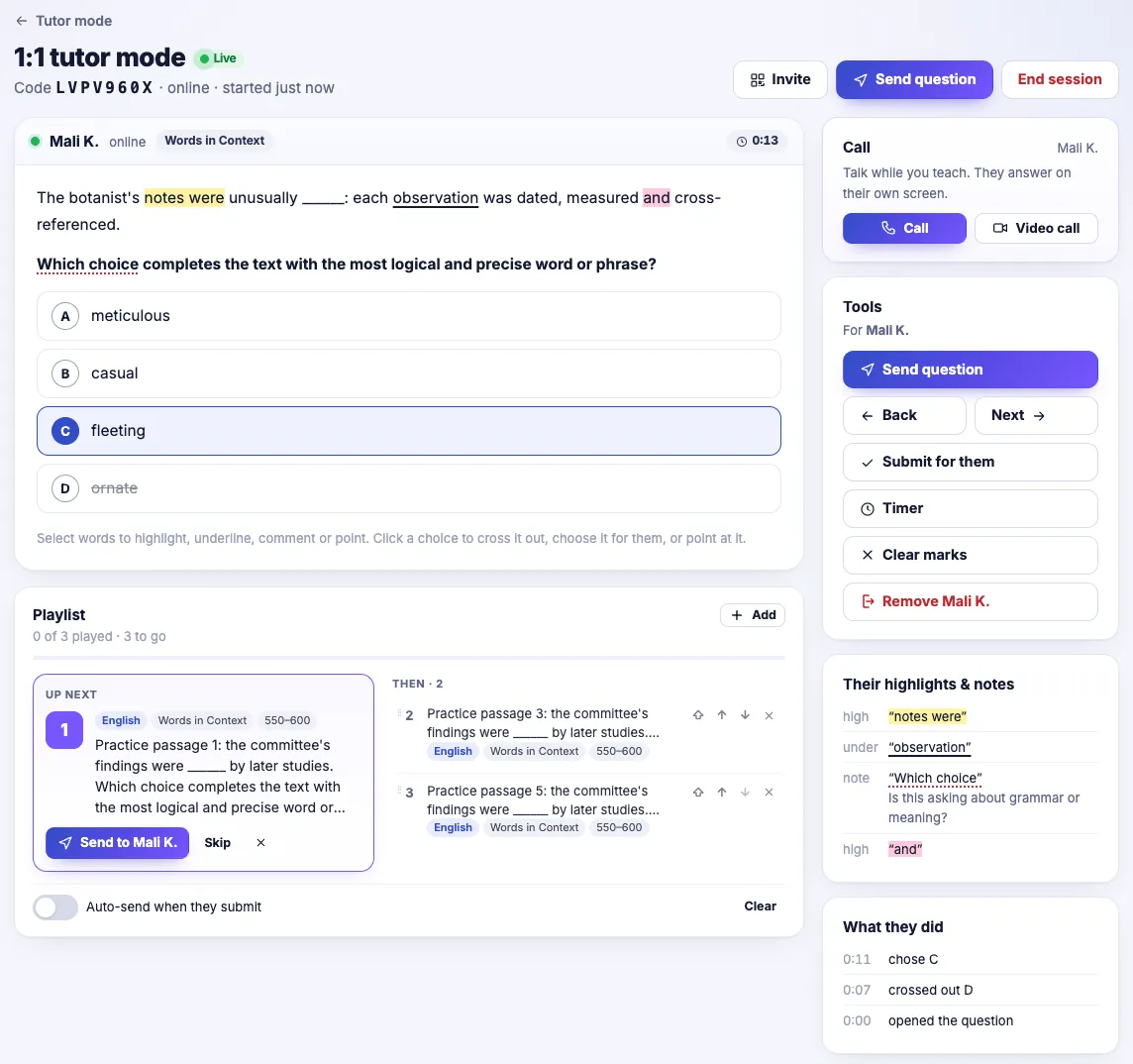 A live 1:1 tutor-mode session: the student's question with their highlights, an underline and a crossed-out choice, the choice they picked, a playlist of questions to send next, call buttons, tools, and a log of what the student did.
